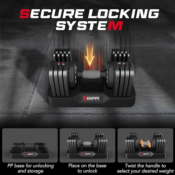 Keppi Adjustable Dumbbells Set-25lb/40lb/55lb/60lb, Anti-Slip Metal Fast Adjust Weight Handle, Exercise & Fitness for Full Body Workout - Adjustable Dumbbell Series