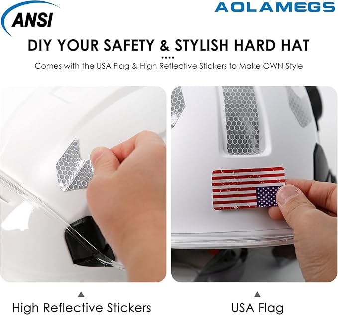 AOLAMEGS Construction Safety Hard Hat - ANSI Z89.1 Type Ι OSHA Approved Safety Helmets with Chin Straps Lightweight Reflective Vented ABS Hard Hats For Men Women Industrial Workwear 6-point Suspension