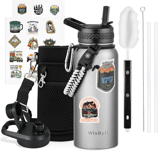 32 oz Insulated Water Bottle with Straw (Cold for 48 Hrs), Stainless Steel Triple Wall Vacuum Sports Water Jug, Leakproof Hydro Cup Flask with Paracord Handle & Straw Spout Lids & DIY Stickers