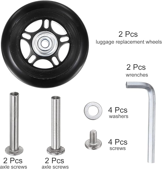 uxcell Replacement Luggage Wheels 75x24mm Suitcase Wheel Repair Kits Include 2 PU Bearing Wheels & Washers, Wrenches & Axle Screw for Trolley Bag, Inline Skate and Caster Board