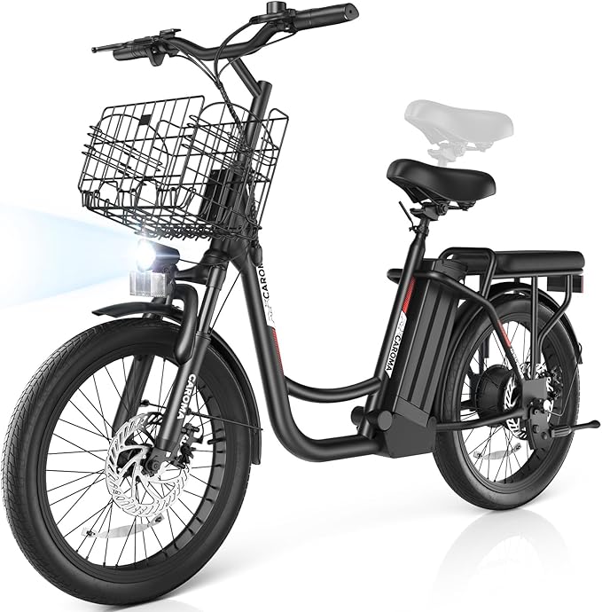 Caroma Electric Scooter with Seat, 48V Removable Battery E-Bike, Up to 30Miles&20MPH, 500/800/1200W Motor, 20" Fat Tire Adult Electric Bicycles for Commuting with Basket