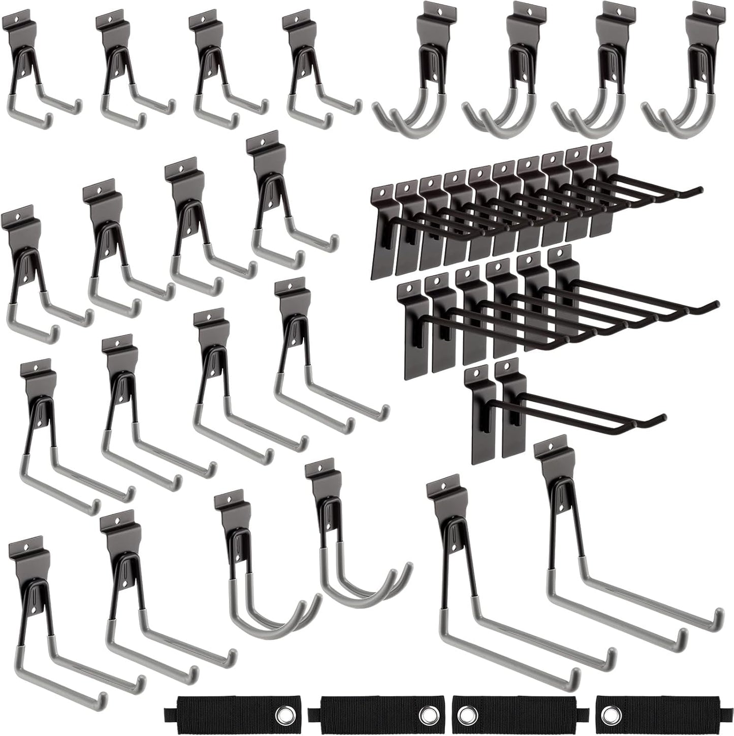 Landhoow 36 Pcs Slatwall Hooks & Hangers 32 Heavy Duty Slat Wall Hanging Hooks with 4 Storage Straps Assortment Slatwall Accessories for Storage Garage Wall Organization Garden Home (Grey)