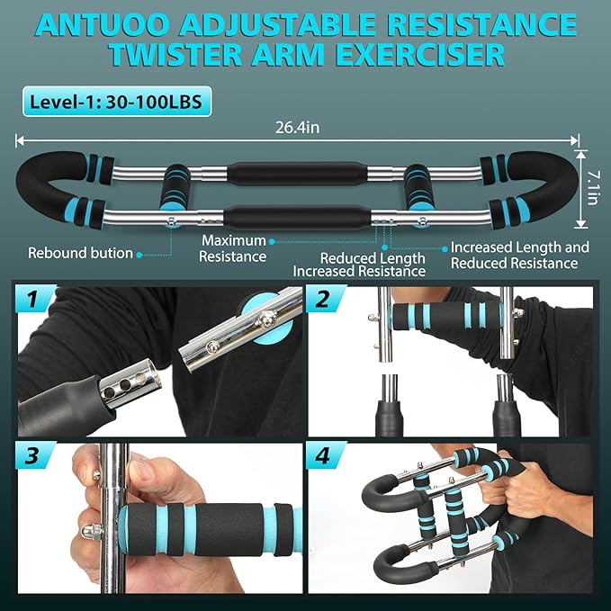 Twister Arm Trainer, 30-100lb Adjustable Chest Workout Bar, Power Arm Trainer for Men, Shoulder Arm Equipment, Forearm Strengthener, Portable Detachable Machine Full Body for Gym Home Fitness