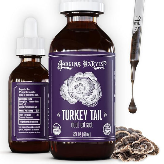Hodgins Harvest Organic Turkey Tail Tincture | Made with Mushrooms Grown On Our Farm in The USA | Dual Extract | Extra-Concentrated (2 fl oz)