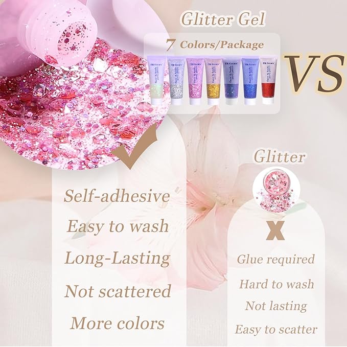 Face Body Glitter, Hair Glitter Sparkles Chunky Face Glitter Gel for Girls Makeup Singer Concerts Mermaid Festival Sequins Face Paint (White+Silver+Pink+Gold+Blue+Purple+Red)