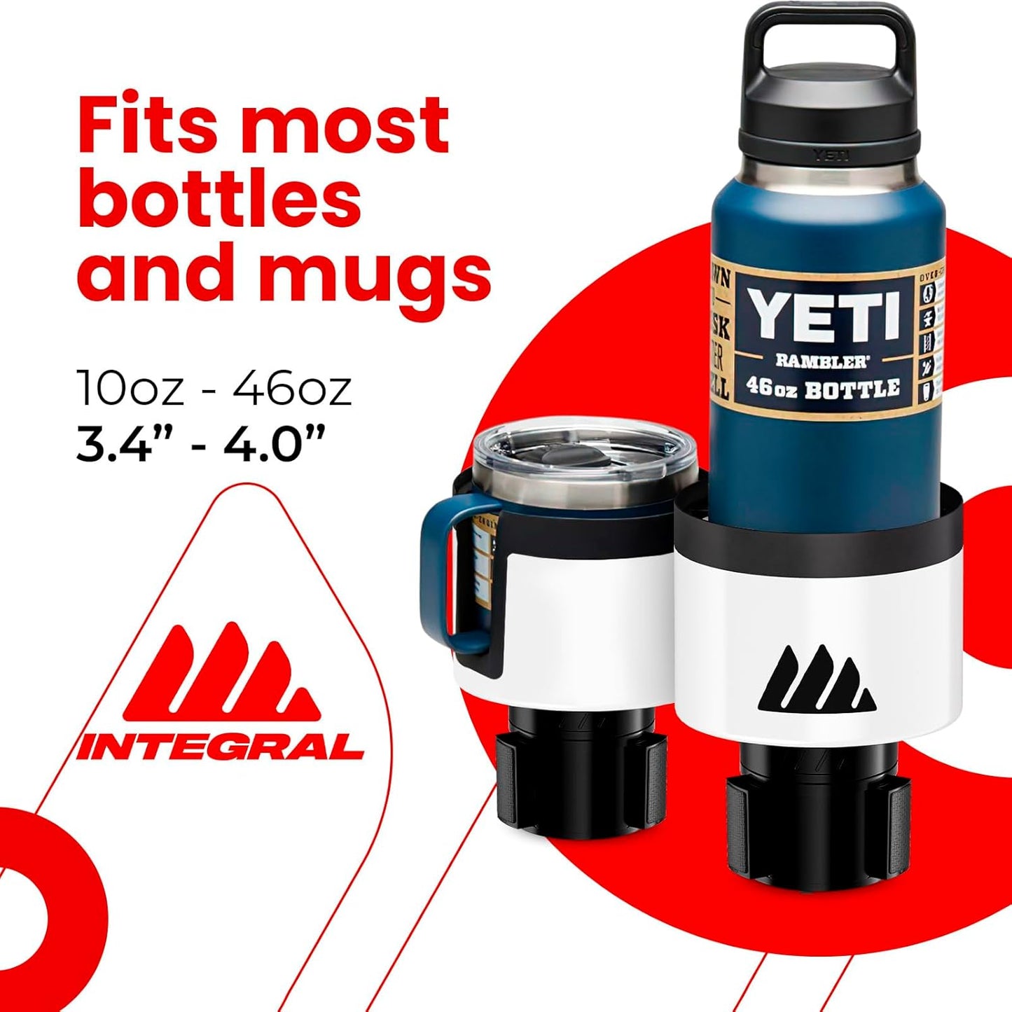 Integral Ultimate Expander Car Cup Holder - Adjustable Base - Expander & Organizer for Vehicles - Compatible with Coffee Mug, Yeti 14/24/36/46oz, Ramblers, Hydro Flasks 32/40oz, 3.4"-4.0" Bottles