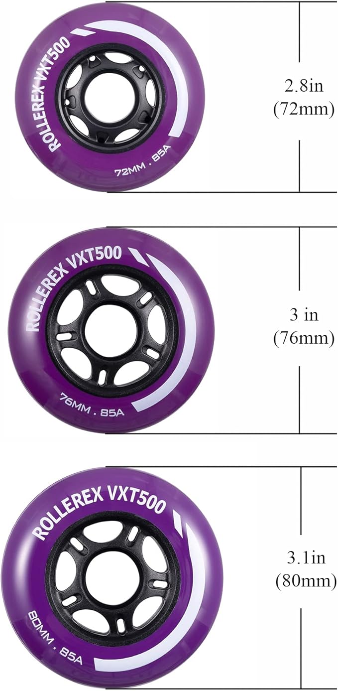 Rollerex VXT500 Inline Skate Wheels (8 Wheels w/Bearings, spacers and washers) (Various Size & Color Options Available) - for Indoor, Outdoor, Hockey - Intended for Roller Blade Wheel Replacement
