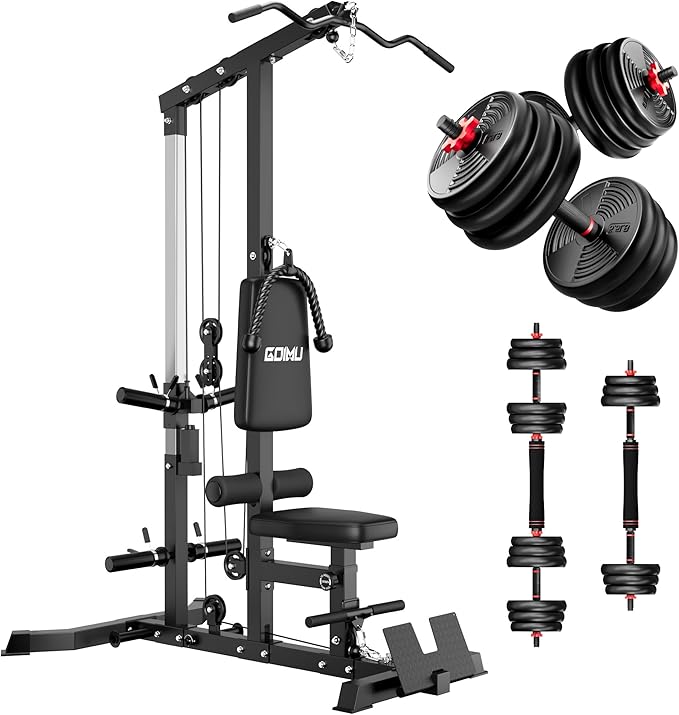 LS01 LAT Pulldown Machine, LAT Row Cable Machine with AB Crunch, LAT Tower with Cable Row Attachments, 3 in 1 Pulley Stations for Home Gym