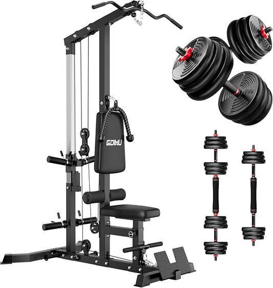 LS01 LAT Pulldown Machine, LAT Row Cable Machine with AB Crunch, LAT Tower with Cable Row Attachments, 3 in 1 Pulley Stations for Home Gym