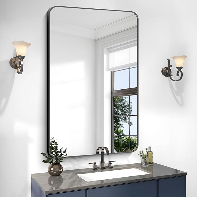 30x48 inch Bathroom Mirror,Black Rectangle Mirror,Wall Mounted Bathroom Frame Vanity Mirror with Round Corner for Bedroom Living Room, Entryway Hangs Horizontal or Vertical