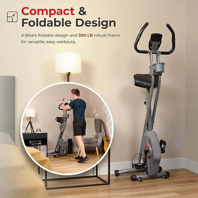 Sunny Health & Fitness Smart Folding X-Bike, Portable Compact Exercise Bike for Indoor Cycling Workout, Home Cardio Training Machine, Free SunnyFit App Bluetooth Connect, Optional Foldable Recumbent
