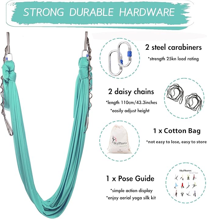 5.5 Yards Aerial Silks Yoga Swing Set - Aerial Yoga Hammock Kit Anti-Gravity Flying for Fitness, Low/Non Stretch Nylon Tricot Fabric Hardware Included for Dance