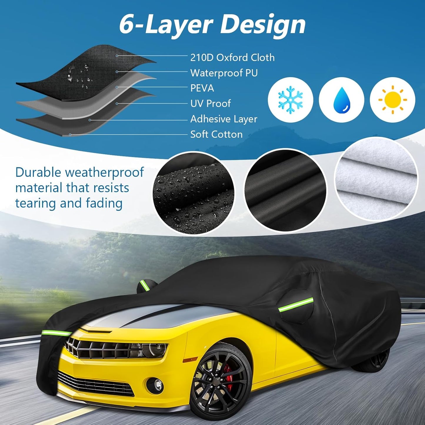 for Camaro Full Car Cover 2010-2025 All Weather, Outdoor Car Covers with Zipper and Soft Cotton Lining, Windproof Heavy Duty Waterproof Protection Fit for 2010-2025 Chevy Camaro (Up to 190''L)