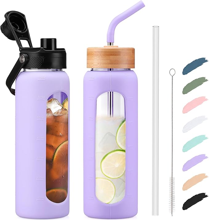 Kodrine Water Bottle with Straw, 24 oz Glass water Bottle with 2 Lids Bamboo Straw Lid and Spout Lid with Handle, 32 oz Clear Water Bottle Glass for Sports Travel, Waterbottle with Time Marker