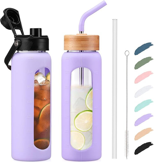 Kodrine Water Bottle with Straw, 24 oz Glass water Bottle with 2 Lids Bamboo Straw Lid and Spout Lid with Handle, 32 oz Clear Water Bottle Glass for Sports Travel, Waterbottle with Time Marker