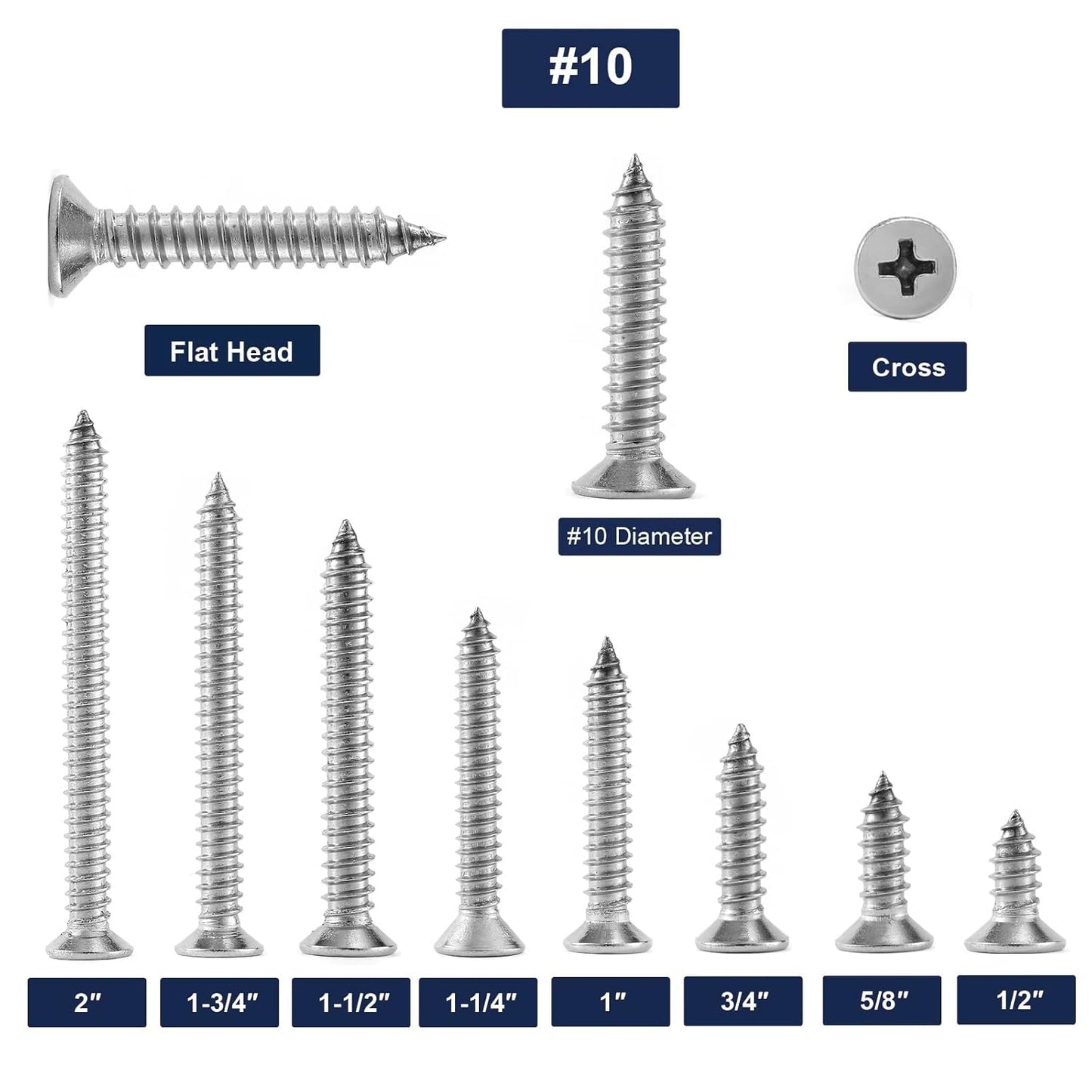#10 x 1-3/4" Wood Screw 100Pcs 18-8 (304) Stainless Steel Screws Flat Head Phillips Fast Self Tapping Drywall Screws by SG TZH