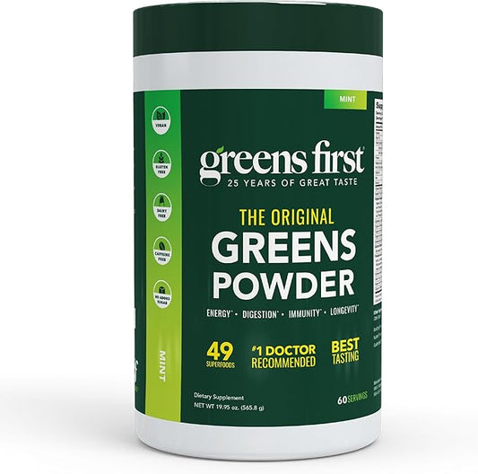 Greens First Original Greens Powder - 49 Superfoods - Organic Fruits & Veggies - Prebiotics, Probiotics & Digestive Enzymes - Antioxidant Smoothie - Dairy Free, Vegan & Non-GMO (Mint, 60 Servings)