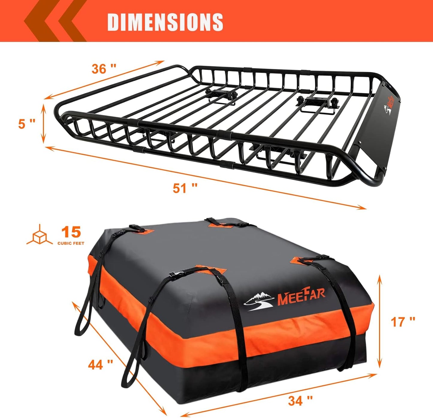 MeeFar Roof Rack Carrier Basket Universal Rooftop 51" X 36" X 5" + Waterproof Bag 15 Cubic Feet (44" 34" 17"), and Cargo Net with Attachment Hooks, Ratchet Straps