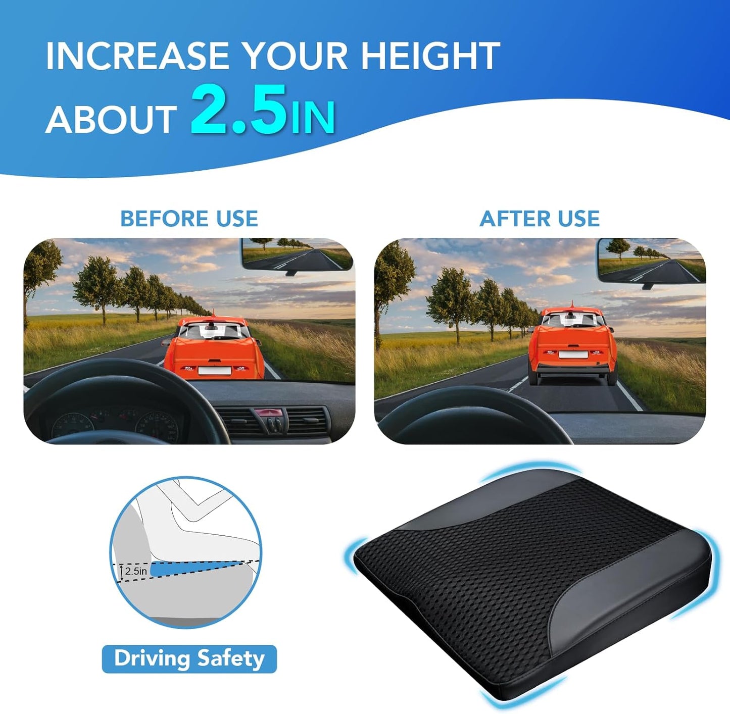 Car Seat Cushion, Comfortable Memory Foam Seat Pillow for Driving, Sciatica-Back Pain Relief, Cushion for Car-Truck, Office, Wheelchair - Black