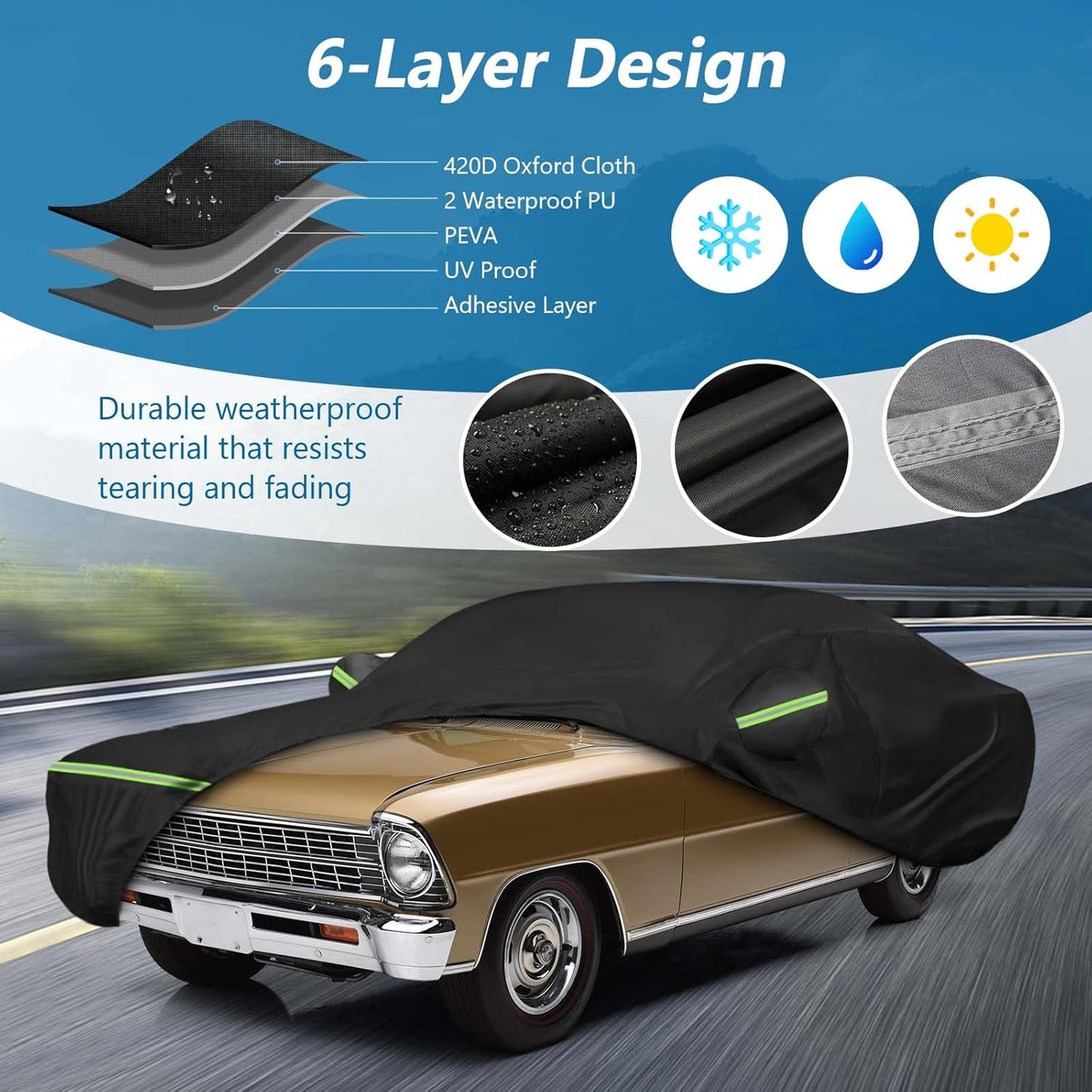 Waterproof Car Covers for Chevrolet II Nova/Nova SS 350/350 SC Sedan/Coupe 1962-1974,420D Oxford Cloth Sun Heat Protection Outdoor Full Covers with Driver Side Zipper Windproof Heavy Duty All Weather