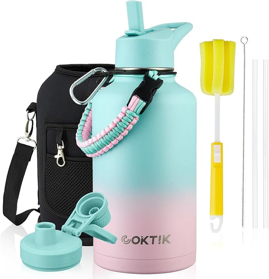 Half Gallon Insulated Water Bottle, 64 oz Triple Wall Stainless Steel Flask, Keeps Drinks Cold for 48 Hrs Leak-Proof & BPA-Free Half Gallon Jug with Paracord Handle, Straw & Spout Lids(Bubble Gum)