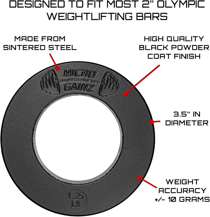 Micro Gainz Calibrated Fractional Weight Plate Set of 2 Plates, Choose Set (.25LB-1.25LB), Designed for Olympic Barbells for Strength Training & Micro Loading Bar Weights, Made in USA