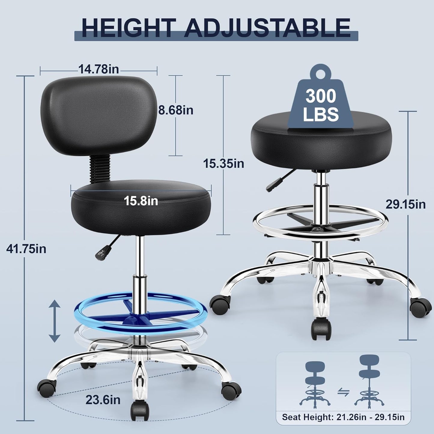 Drafting Chair with Backrest – Adjustable Foot Rest Rolling Stool with Wheels, PU Leather Swivel Stool for Office Spa Studio Lab Counter Salon Home Work Bar Kitchen Shop(Silver)