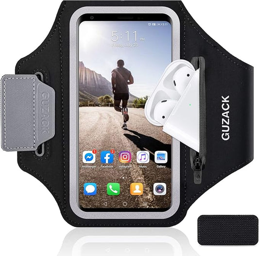 GUZACK Running Phone Holder with Zipper Pouch, Running Armband for iPhone 16/15/14/13/12/11 Pro Max/Plus, Galaxy S25/S24/S23/S22, Cell Phone Arm Holder with Card Slot - Size L (Bigger Arm 14-17 in)