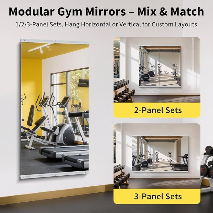 Home Gym Mirror - 55x28 Inch, 2PCS Frameless Tempered Glass Full Body Mirror for Wall Mount - Ideal for Yoga, Workout, Bedroom, Dance Studio (Silver)