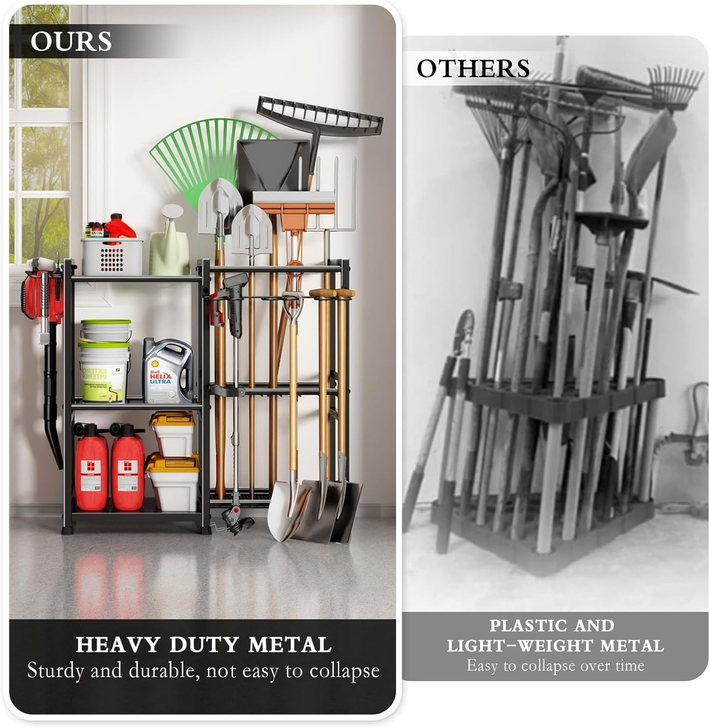 Garden Tool Organizer Storage Metal Yard Tool Organizer Heavy Duty Garden Tool Rack Stand with 2 Extra Hooks, Up To 70 Long Handled Shovels/Rakes/Brooms Holder for Garage,Shed,Outdoor(Black)