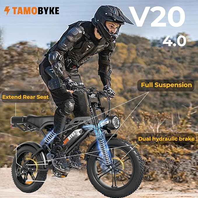 V20 4.0 Electric Bike for Adults,28/30Mph Max Speed,48V15.6Ah Battery,25-68 Miles Max Range, Dual Hydraulic Brakes Ebike,Turning Light, Electric Bike for Commute/Offroad/Rain/Snow Riding.
