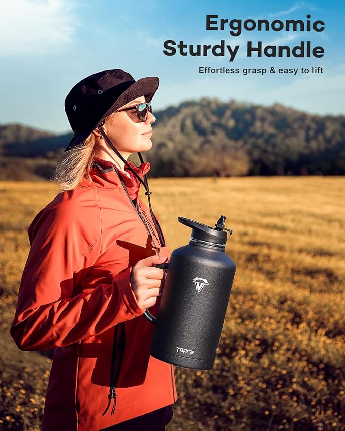 Half Gallon Water Bottle with Straw and Lid, 64 oz Insulated Stainless Steel Jug with Handle,Reusable Metal Travel Flask Mug Cup With Carry Pouch and Brush,Keep Cold & Hot,Black