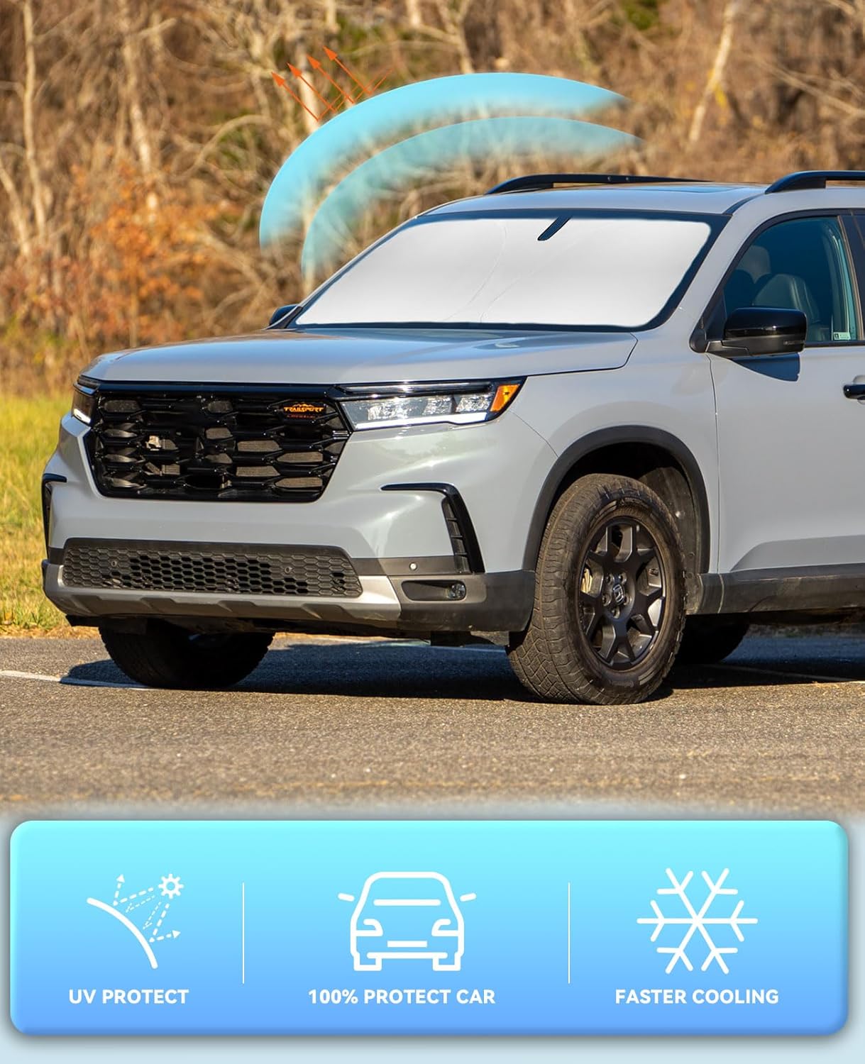 Sun Shade for Pilot Windshield Sunshades Cover for 2016-2023 2024 2025 2026 Honda Pilot Accessories Foldable Front Window Shields 240T Silver Coating Protector Sun Visor Blocks UV Rays Heat