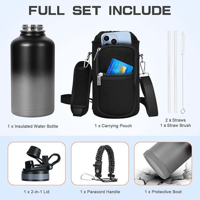 Insulated Water Bottle 64 oz, Half Gallon Water Jug Cold 48H, BPA Free Stainless Steel Bottles with Straw/Chug 2-in-1 Lid, Bag, Paracord Handle, Silicone Boot, Sports Gym School Metal Flask