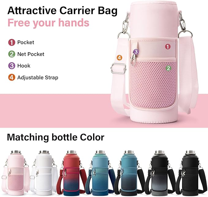 Insulated Water Bottle | Thickened Stainless Steel Vacuum Metal | Portable Sports Water Jug for Gym and Hiking with Straw, Carrier Bag, Handle Strap | BPA-Free 40 oz, Pink