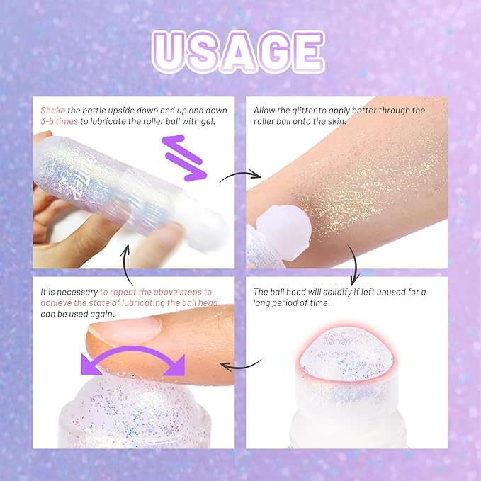 DAGEDA 2Colors Roll-on Body Glitter Gel for Body, Hair, Face, Holographic Glitter Makeup for Rave Accessories, Body Shimmer Hair Glitter Gel for Halloween Makeup(Pink + Ocean Glow)