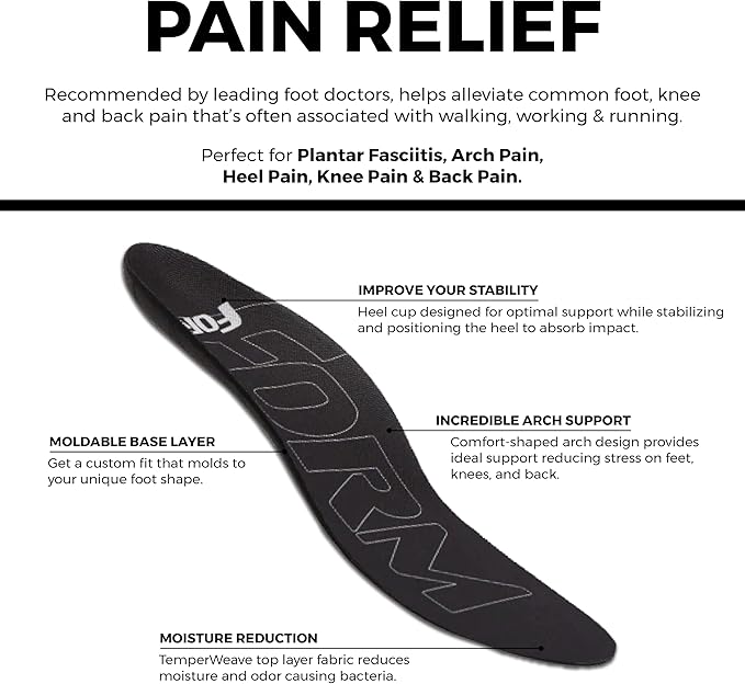 Ultra-Thin Plantar Fasciitis Insoles Designed for Comfort & Maximum Pain Relief, Ideal for Dress Shoes & Boots | Black (Men's 13-13 1/2)