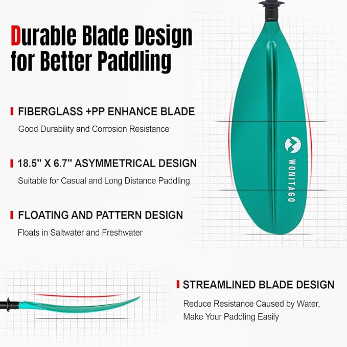 Kayak Paddles with Fiberglass Shaft and Reinforced PP Blade, Floating Adjustable Kayaking Oars, 3 Piece, 220-240 cm/86-94 Inches, 240-260 cm/94-102 Inches