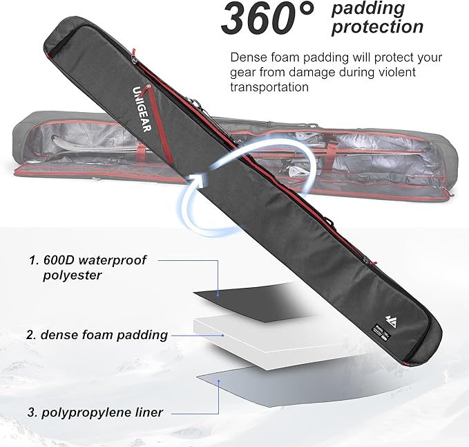 Unigear Ski Bag for Air Travel, 360° Fully Padded Protection, Water-Resistant and Durable up to 192cm for Snow Air Travel Transport