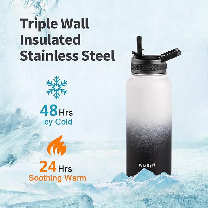 32 oz Insulated Water Bottle with Straw (Cold for 48 Hrs), Stainless Steel Triple Wall Vacuum Sports Water Jug, Leakproof Hydro Cup Flask with Paracord Handle & Straw Spout Lids & DIY Stickers