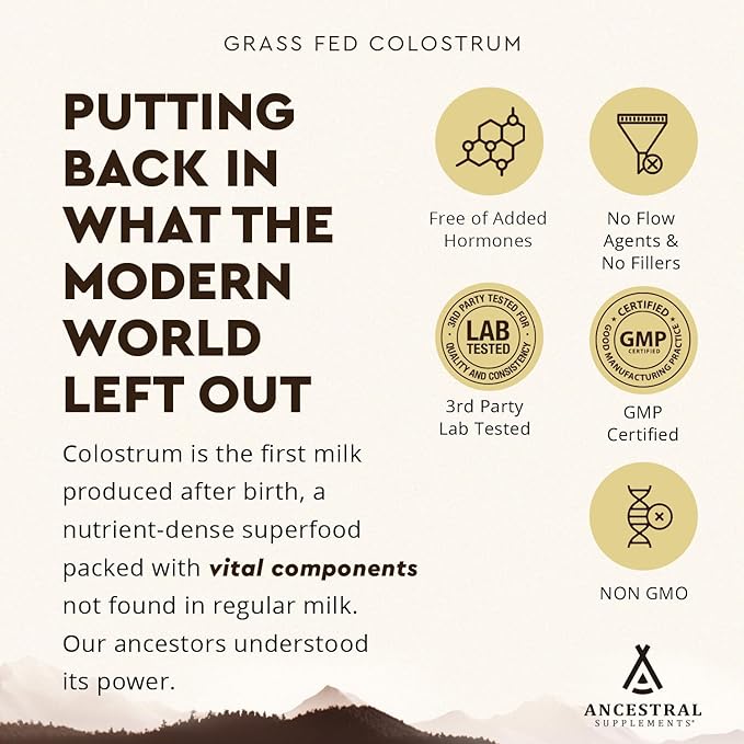 Ancestral Supplements Grass Fed Beef Colostrum Supplement, 3000 mg, Offers Immune Support and Promotes Gut Health, Athletic Performance, Healthy Iron Levels, Growth and Repair, Non GMO, 180 Capsules