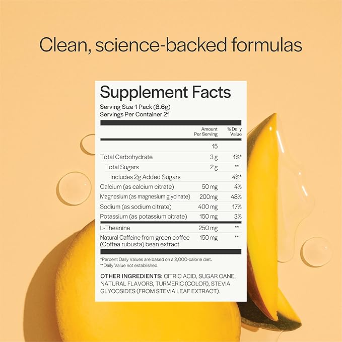 Gainful Hydration + Caffeine Powder Packets with Key Electrolytes Magnesium & Sodium + L Theanine, Low Sugar Drink Mix, Tropical Mango, 21 Sticks