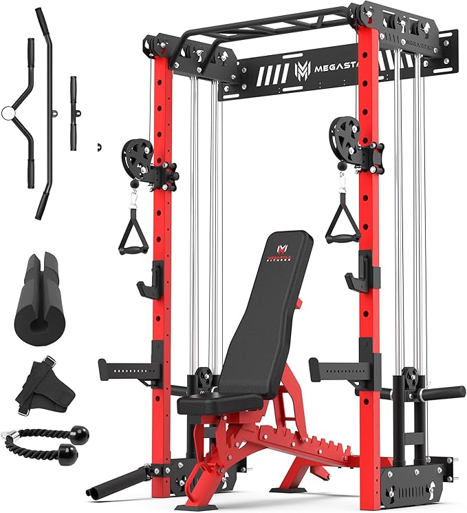 Wall Mounted Power Rack – 1600LB Capacity Compact Commercial Home Gym with Dual Cable Crossover, LAT Pulldown, Multi-Grip Pull-Up Bar & Landmine Attachment for Small Spaces, P67 Striker Red