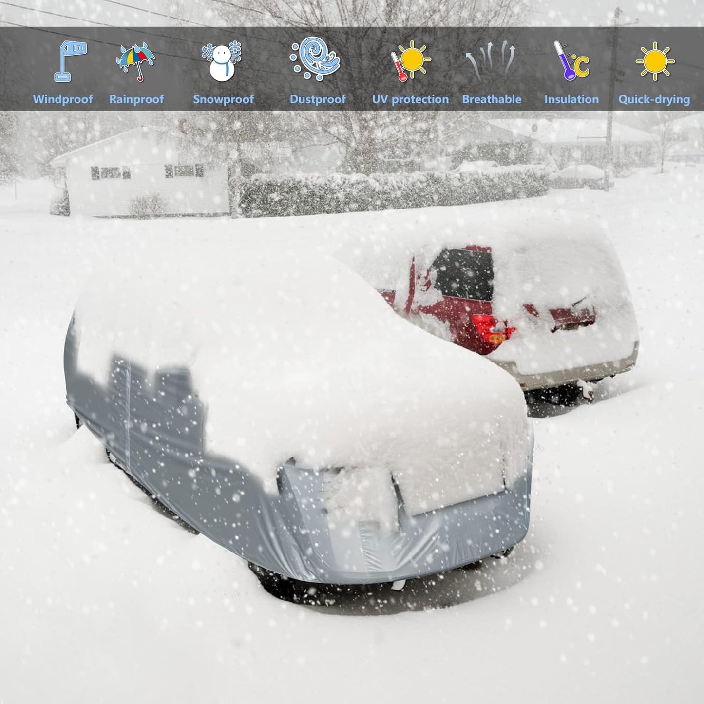 Tecoom Hard Shell Oxford Material Door Shape Zipper Design Waterproof UV-Proof Windproof Car Cover for All Weather Indoor Outdoor Fit 201-210 Inches Sedan