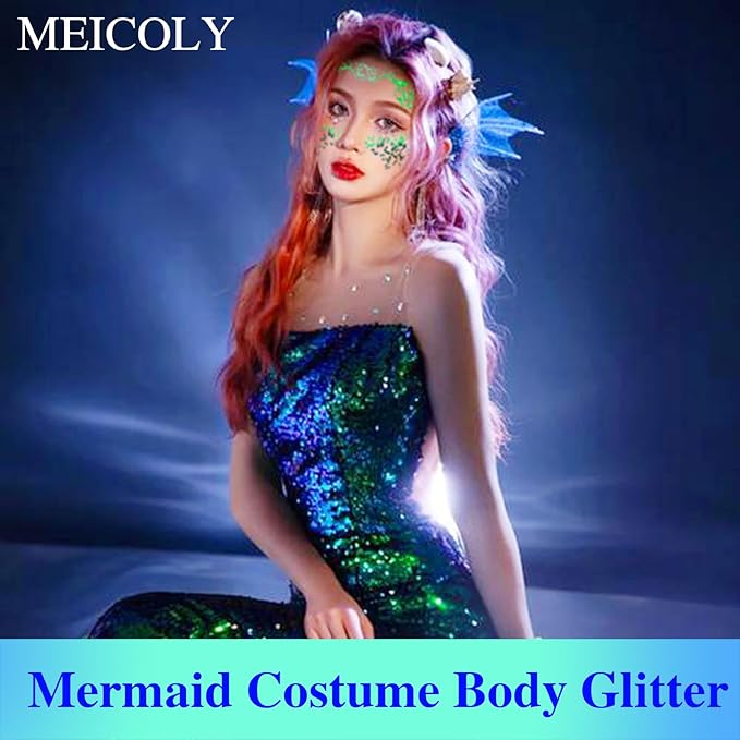 MEICOLY Chameleon Green Face Body Glitter,St Patricks Day Accessories,Color Changing Mermaid Face Glitter,Chunky Glitter Face Paint for Face Body Hair,Festival Rave Outfits Accessories for Women