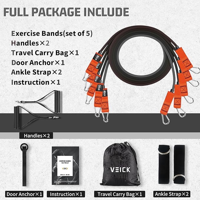 VEICK Resistance Bands, Exercise Bands for Working Out with Handles, Elastic Workout Bands for Men Women, Exercising Bands for Strength Training Equipment at Home Gym