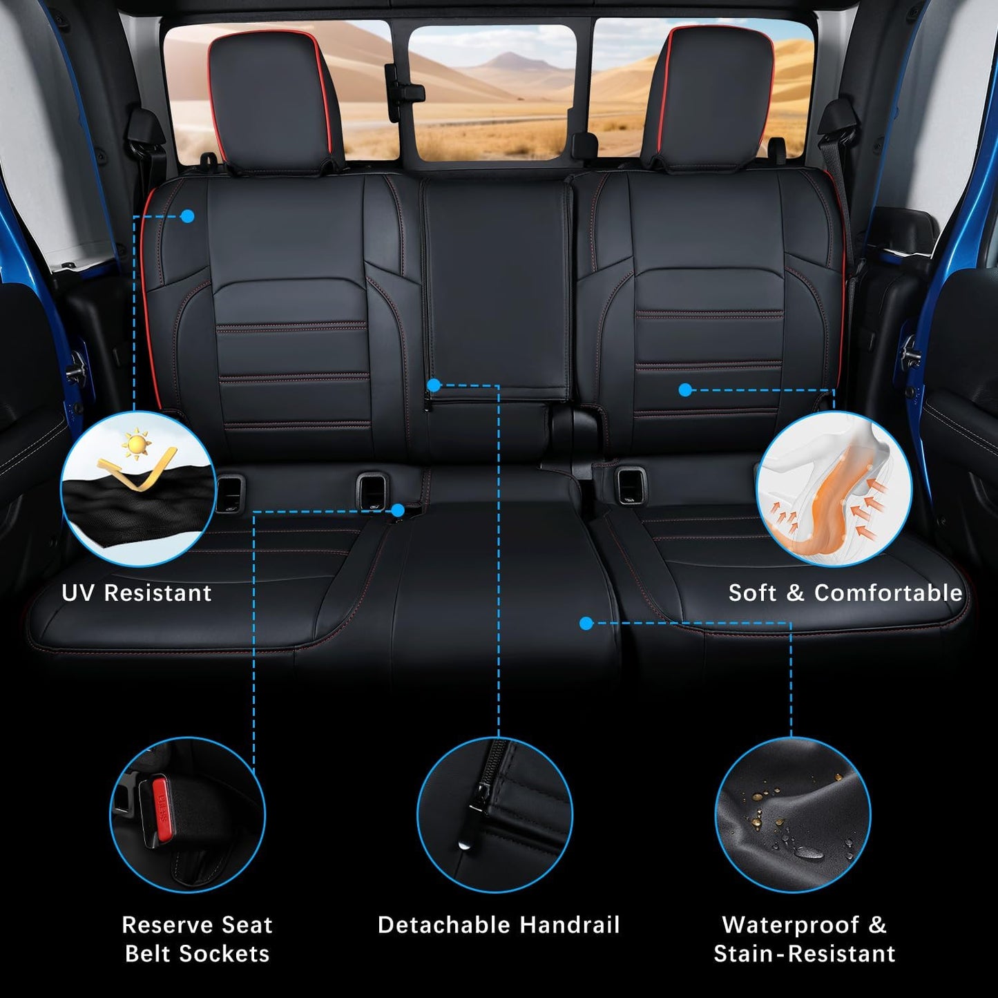 Jeep Gladiator Seat Covers - Premium Quality Faux Leather, Waterproof, Scratch-Resistant, Custom Fit for Jeep Gladiator 2025, 2024, 2023, 2022, 2021, 2020 (Black+Red Line)