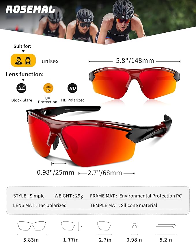 Polarized Sports Sunglasses for Men Women,UV400 Protection Sunglass for Running Cycling Fishing Hiking TR90