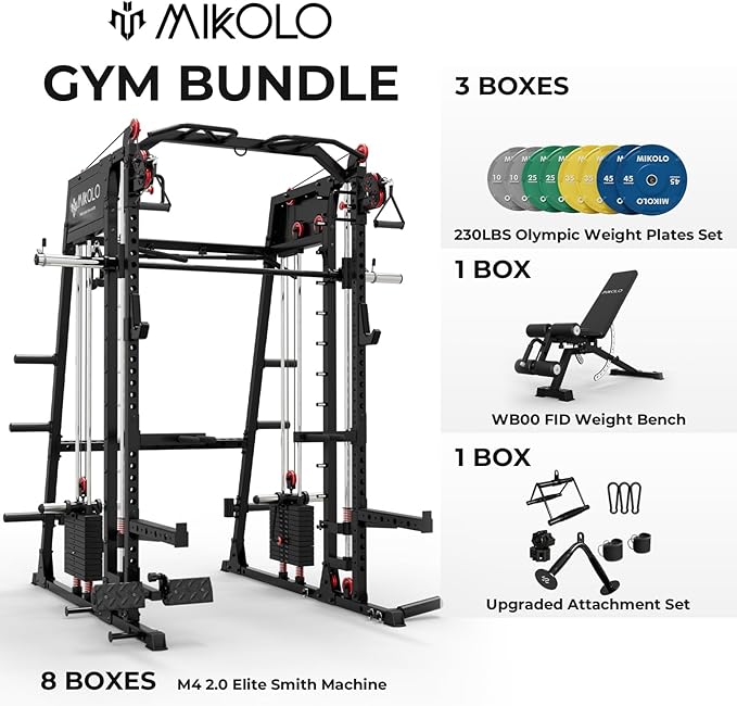 Mikolo Smith Machine, 2200lbs Squat Rack with LAT-Pull Down System & Cable Crossover Machine, Training Equipment with Leg Hold-Down Attachment
