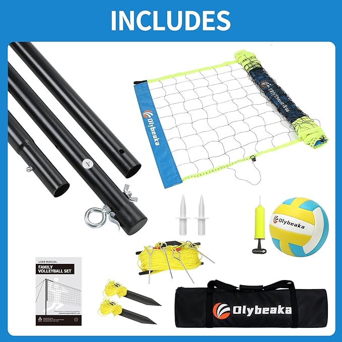 Portable Outdoor Volleyball Net Set for Backyard Beach with Adjustable Poles, Soft PU Volleyball & Pump, Carry Bag and Durable Anti-Sagging Net